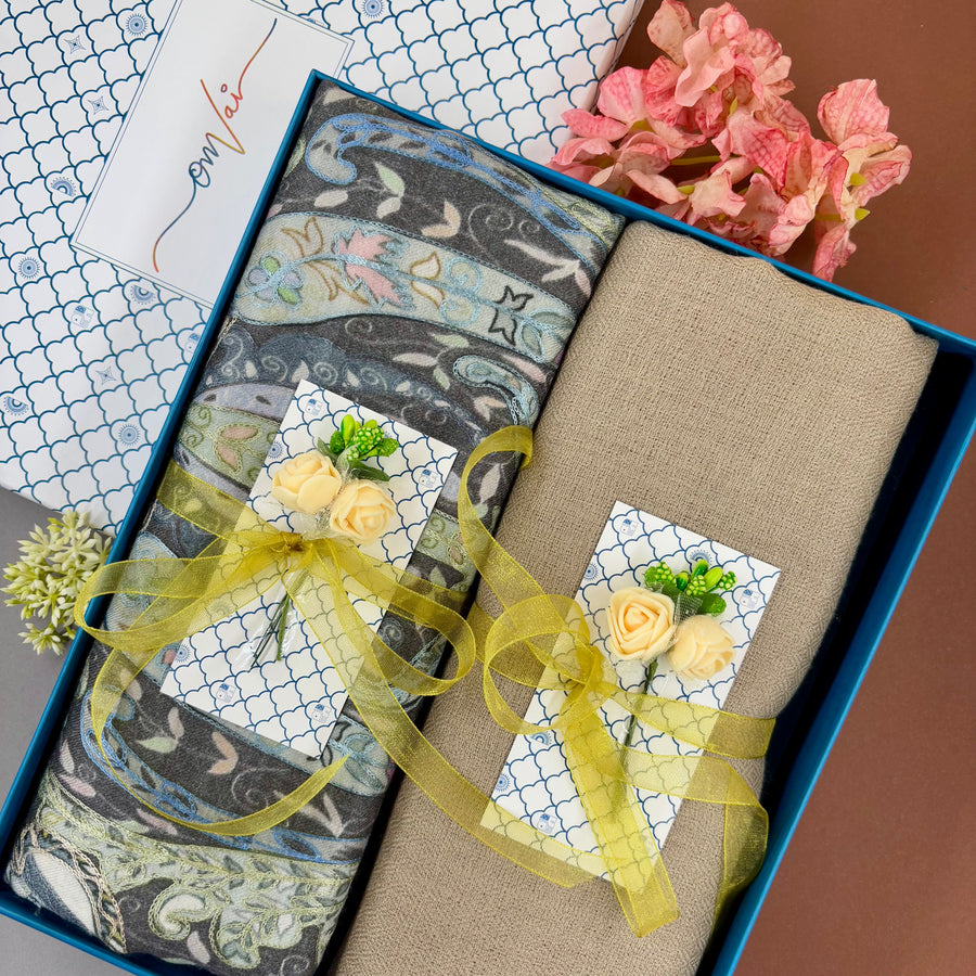 OMVAI Pashmina Combo Gift Set in Pure Cashmere wool - Beige Kalamkari Kani with Embroidery and solid (Set of 2 - For HIM and for HER)