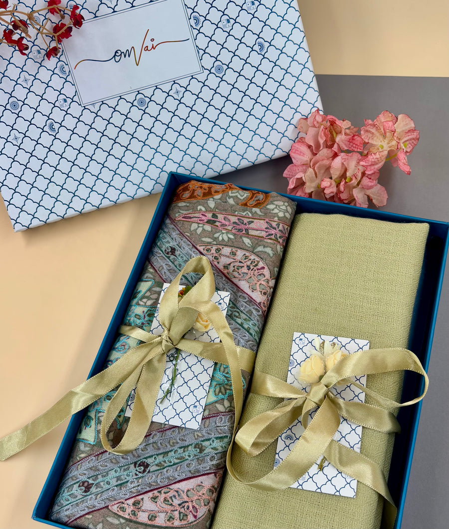 OMVAI Pashmina Combo Gift Set in Pure Cashmere wool - Artichoke  Kalamkari Kani with Embroidery and solid (Set of 2 - For HIM and for HER)