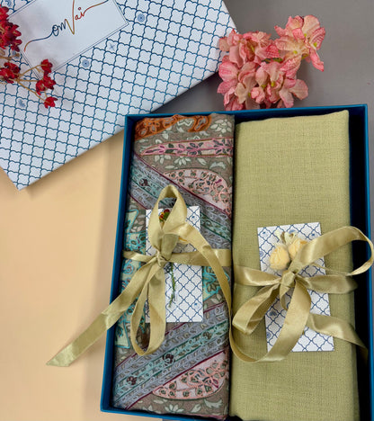 OMVAI Pashmina Combo Gift Set in Pure Cashmere wool - Artichoke  Kalamkari Kani with Embroidery and solid (Set of 2 - For HIM and for HER)