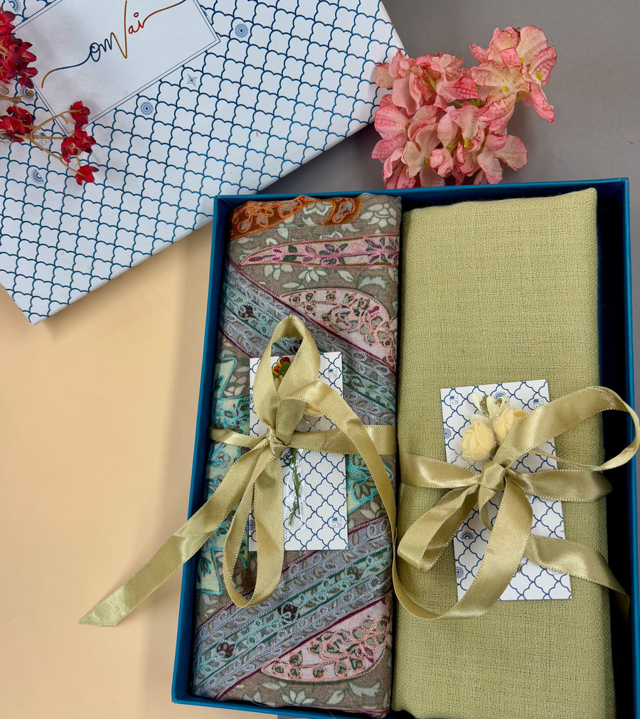 OMVAI Pashmina Combo Gift Set in Pure Cashmere wool - Artichoke  Kalamkari Kani with Embroidery and solid (Set of 2 - For HIM and for HER)