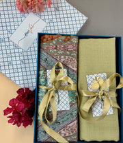 OMVAI Pashmina Combo Gift Set in Pure Cashmere wool - Artichoke  Kalamkari Kani with Embroidery and solid (Set of 2 - For HIM and for HER)