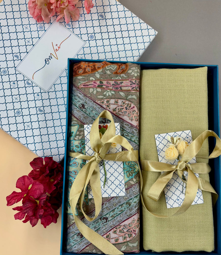 OMVAI Pashmina Combo Gift Set in Pure Cashmere wool - Artichoke  Kalamkari Kani with Embroidery and solid (Set of 2 - For HIM and for HER)