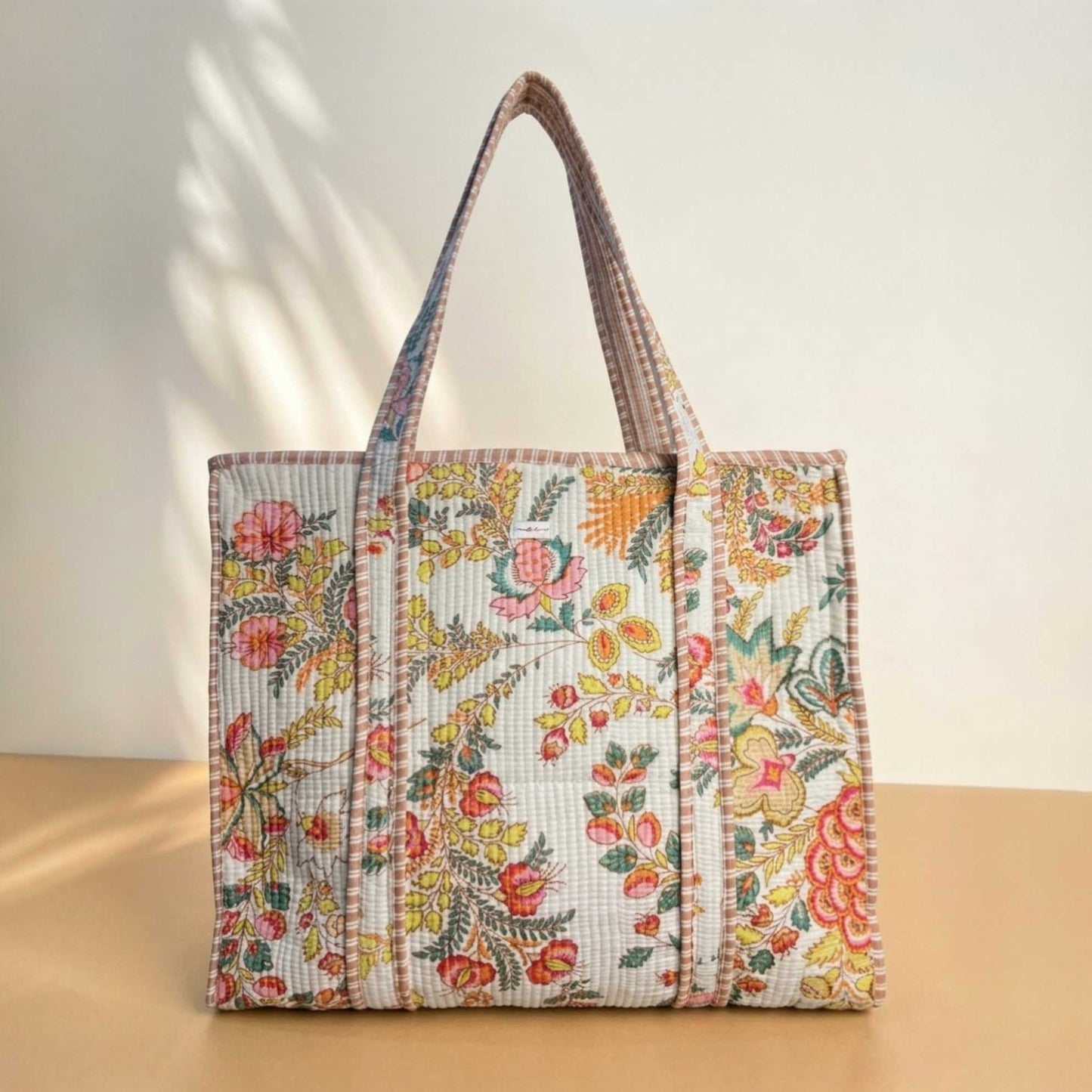 White Floral Quilted Cotton Tote Bag Set (4-Pieces) | Handcrafted & Light-Weight