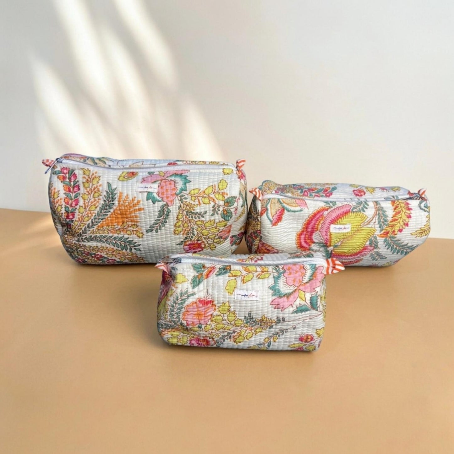 White Floral Quilted Cotton Tote Bag Set (4-Pieces) | Handcrafted & Light-Weight