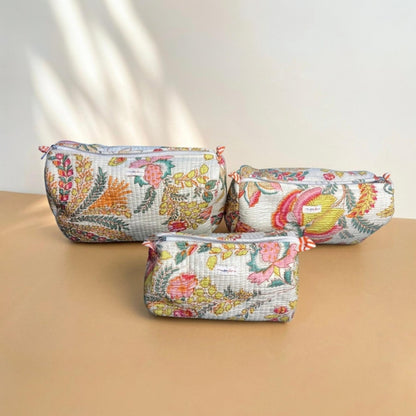 White Floral Quilted Cotton Tote Bag Set (4-Pieces) | Handcrafted & Light-Weight