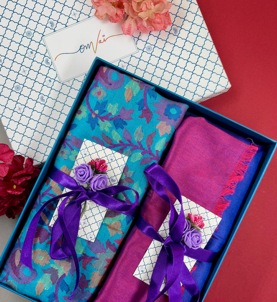 OMVAI Modal Combo Gift Set in Aqua Kani and Reversible Modal in Fine Quality (Set of 2)  - For HIM and for HER)