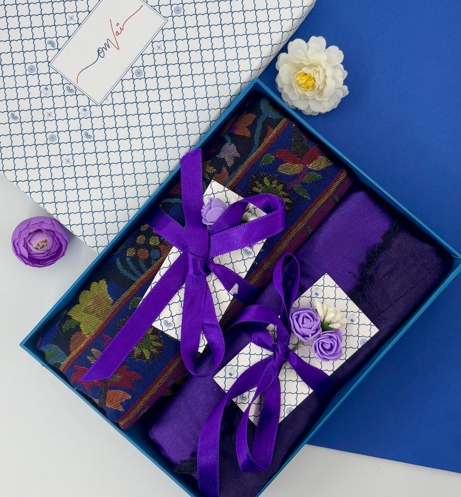 OMVAI Modal Combo Gift Set in Violet Kani and Reversible Modal in Fine Quality (Set of 2)  - For HIM and for HER