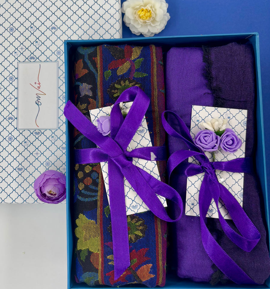 OMVAI Modal Combo Gift Set in Violet Kani and Reversible Modal in Fine Quality (Set of 2)  - For HIM and for HER