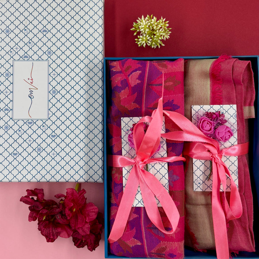 OMVAI Modal Combo Gift Set in Fuchsia Pink Kani and Reversible Modal in Fine Quality (Set of 2)  - For HIM and for HER