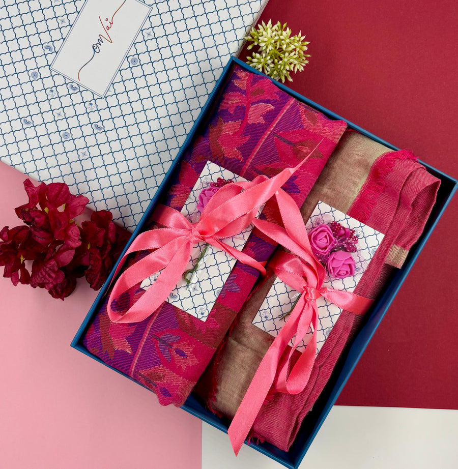 OMVAI Modal Combo Gift Set in Fuchsia Pink Kani and Reversible Modal in Fine Quality (Set of 2)  - For HIM and for HER