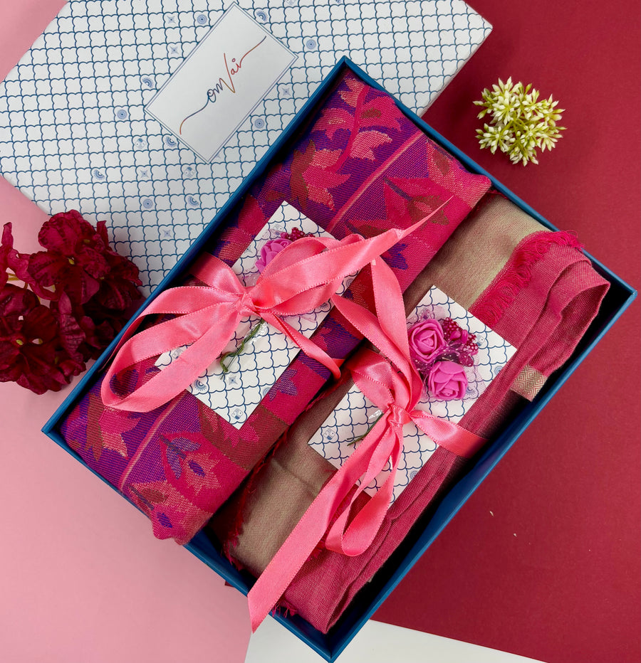 OMVAI Modal Combo Gift Set in Fuchsia Pink Kani and Reversible Modal in Fine Quality (Set of 2)  - For HIM and for HER