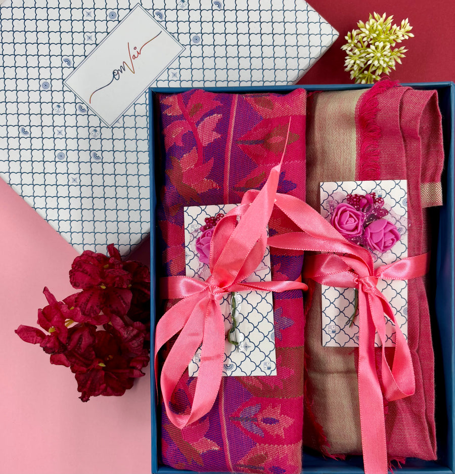 OMVAI Modal Combo Gift Set in Fuchsia Pink Kani and Reversible Modal in Fine Quality (Set of 2)  - For HIM and for HER
