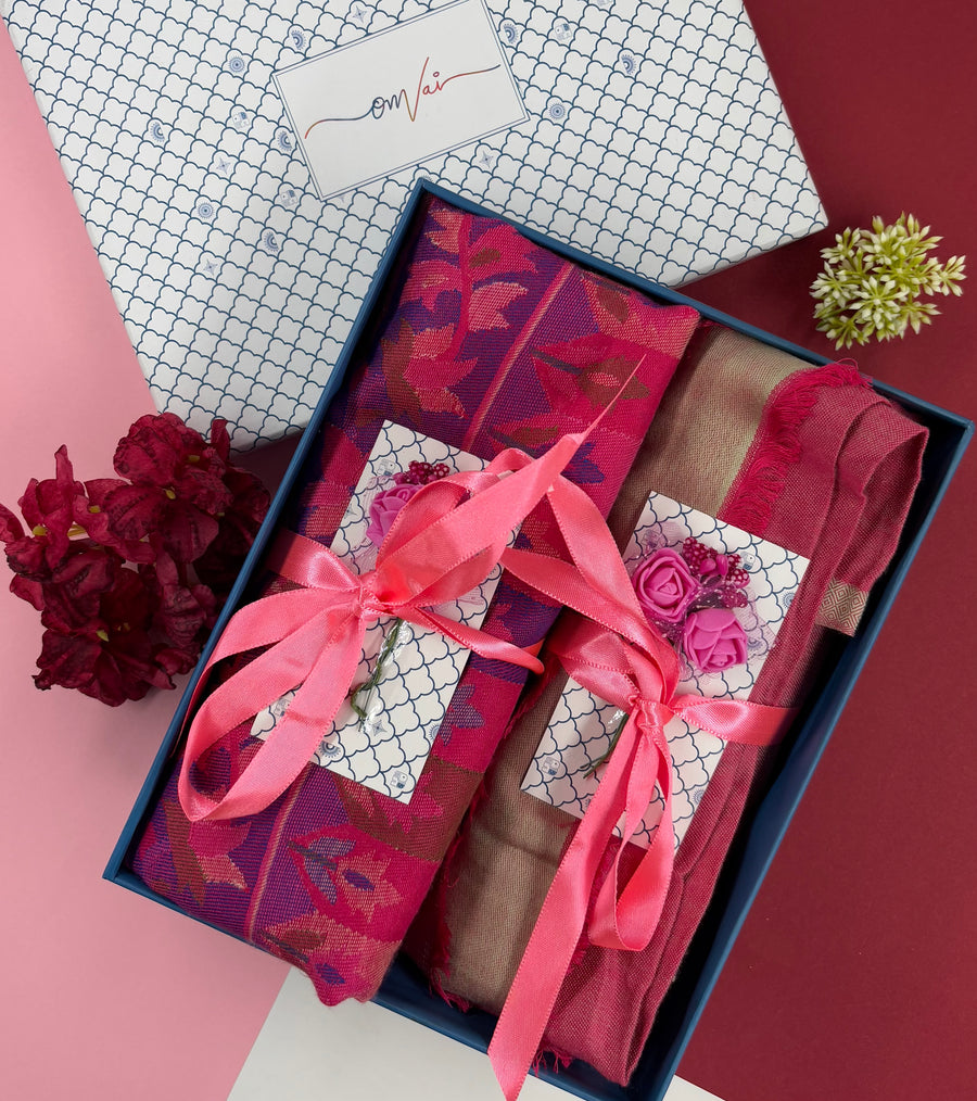 OMVAI Modal Combo Gift Set in Fuchsia Pink Kani and Reversible Modal in Fine Quality (Set of 2)  - For HIM and for HER