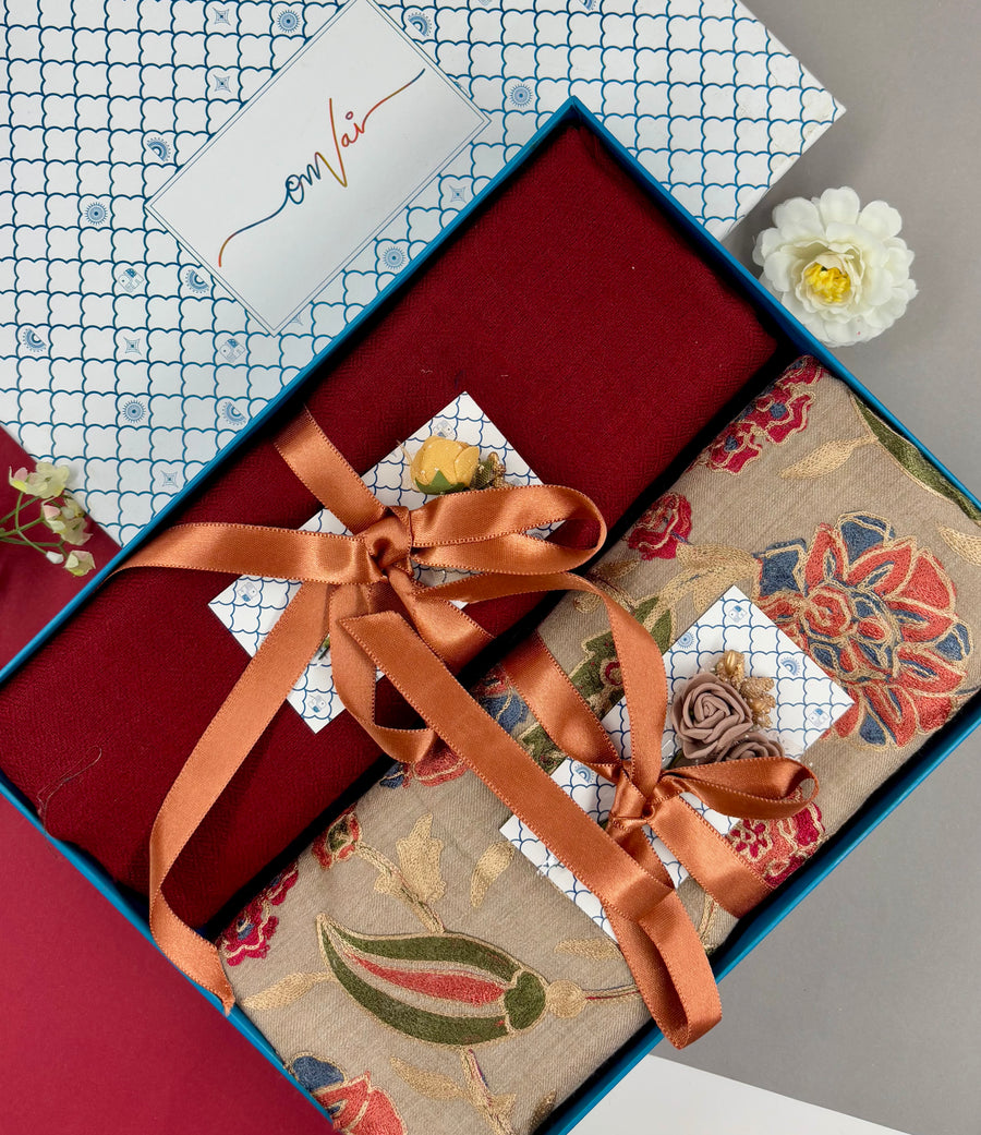 OMVAI Embroidery Pashmina Combo Gift Set in Pure Cashmere wool - Beige Embroidered Stole with Red Solid Stole (Set of  2 - For HIM and for HER)