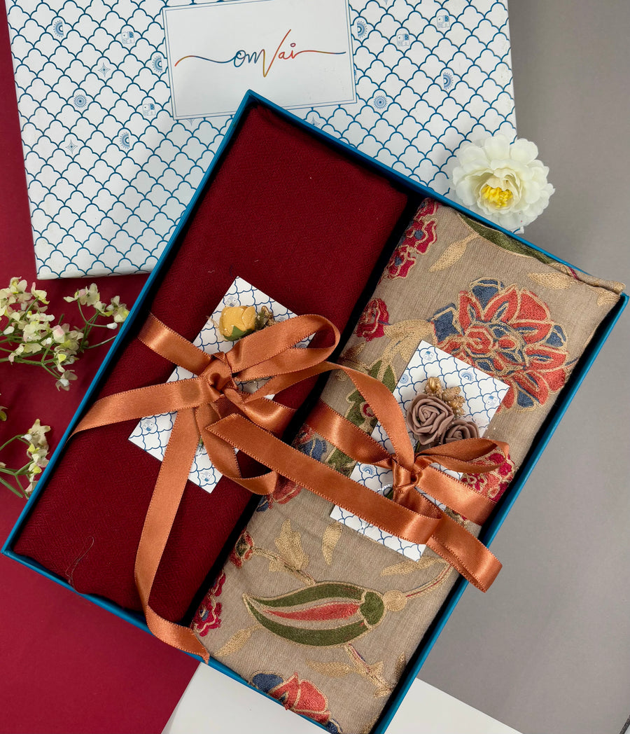 OMVAI Embroidery Pashmina Combo Gift Set in Pure Cashmere wool - Beige Embroidered Stole with Red Solid Stole (Set of  2 - For HIM and for HER)
