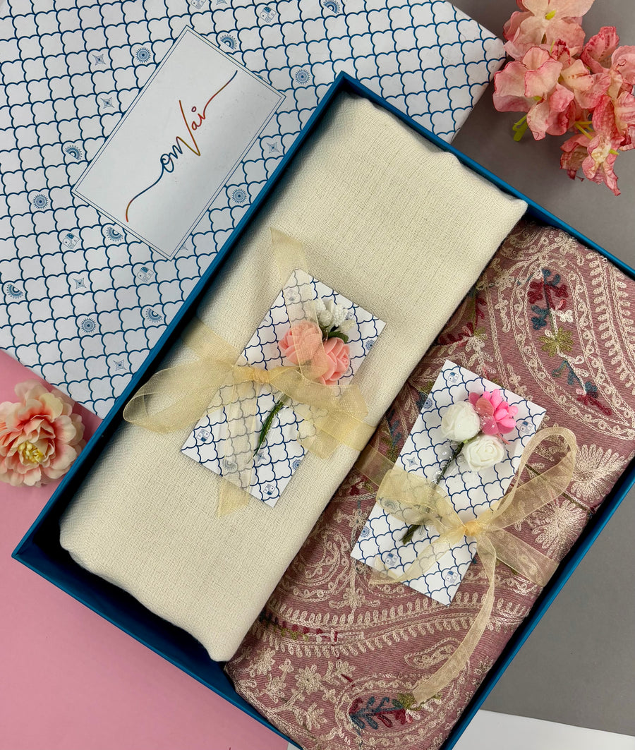 OMVAI Embroidery Pashmina Combo Gift Set in Pure Cashmere wool - Natural Embroidered Stole with Ivory Solid Stole (Set of  2 - For HIM and for HER)
