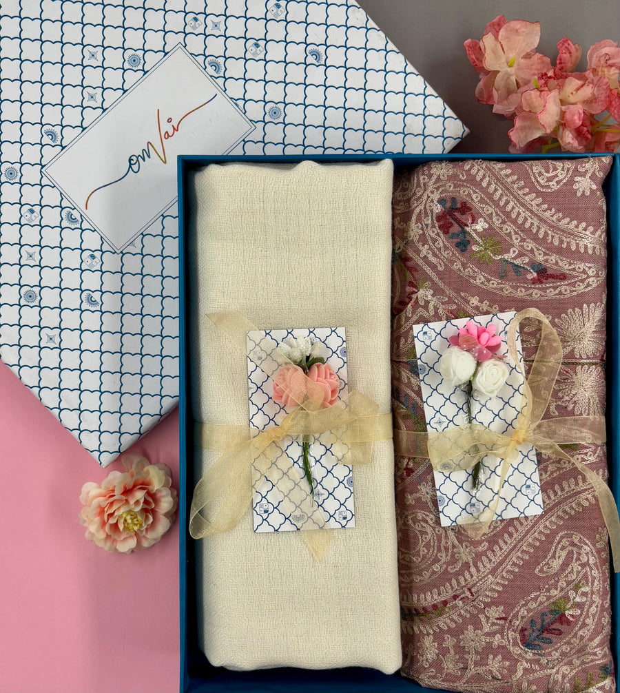 OMVAI Embroidery Pashmina Combo Gift Set in Pure Cashmere wool - Natural Embroidered Stole with Ivory Solid Stole (Set of  2 - For HIM and for HER)