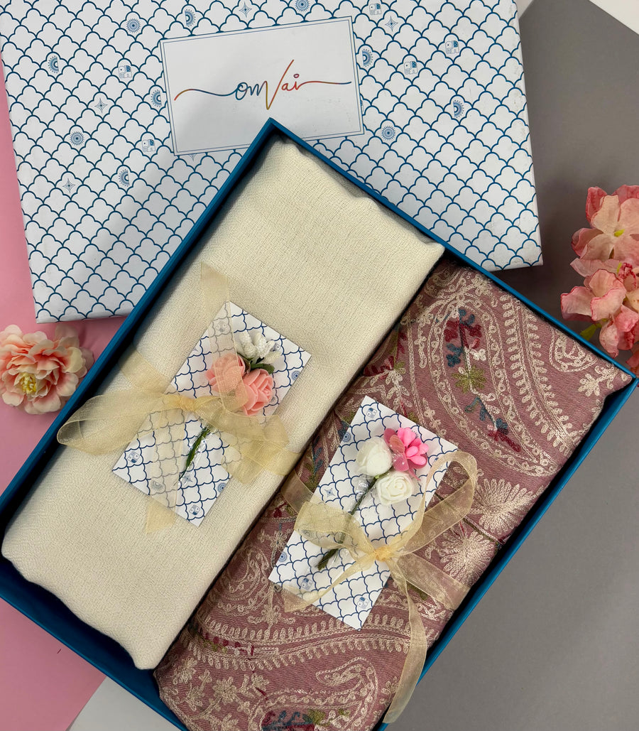 OMVAI Embroidery Pashmina Combo Gift Set in Pure Cashmere wool - Natural Embroidered Stole with Ivory Solid Stole (Set of  2 - For HIM and for HER)