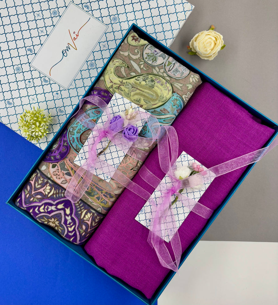OMVAI Pashmina Combo Gift Set in Pure Cashmere wool - Purple Kalamkari Kani with Embroidery and solid (Set of 2 - For HIM and for HER)