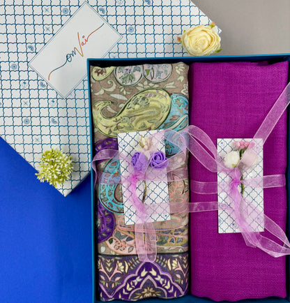 OMVAI Pashmina Combo Gift Set in Pure Cashmere wool - Purple Kalamkari Kani with Embroidery and solid (Set of 2 - For HIM and for HER)