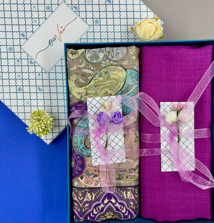 OMVAI Pashmina Combo Gift Set in Pure Cashmere wool - Purple Kalamkari Kani with Embroidery and solid (Set of 2 - For HIM and for HER)