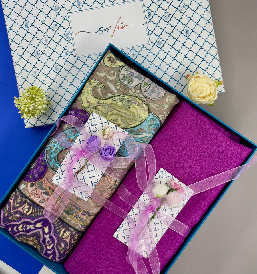 OMVAI Pashmina Combo Gift Set in Pure Cashmere wool - Purple Kalamkari Kani with Embroidery and solid (Set of 2 - For HIM and for HER)