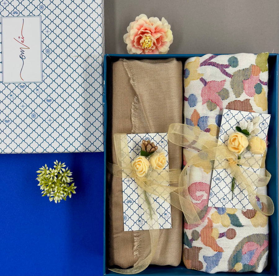 OMVAI Modal Combo Gift Set in Dove White Kani and Reversible Modal in Fine Quality (Set of 2)  - For HIM and for HER