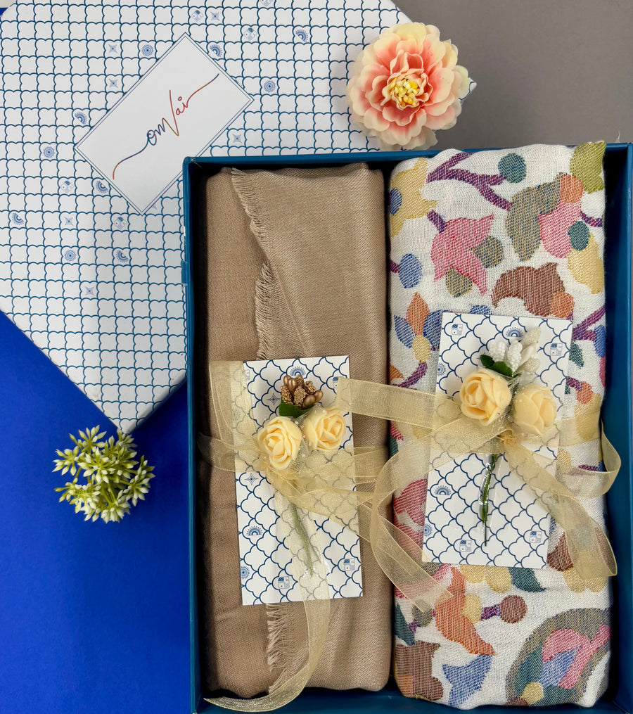 OMVAI Modal Combo Gift Set in Dove White Kani and Reversible Modal in Fine Quality (Set of 2)  - For HIM and for HER