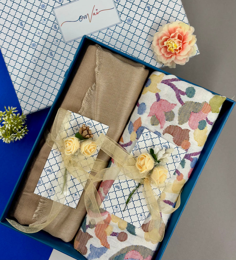 OMVAI Modal Combo Gift Set in Dove White Kani and Reversible Modal in Fine Quality (Set of 2)  - For HIM and for HER