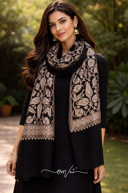 Zabaf Exquisite Embroidered Stole - Midnight Black