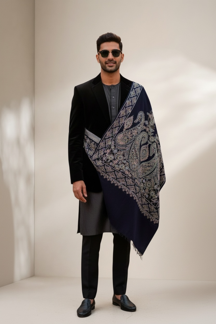 Shahi Exquisite Embroidered Stole - Imperial Blue