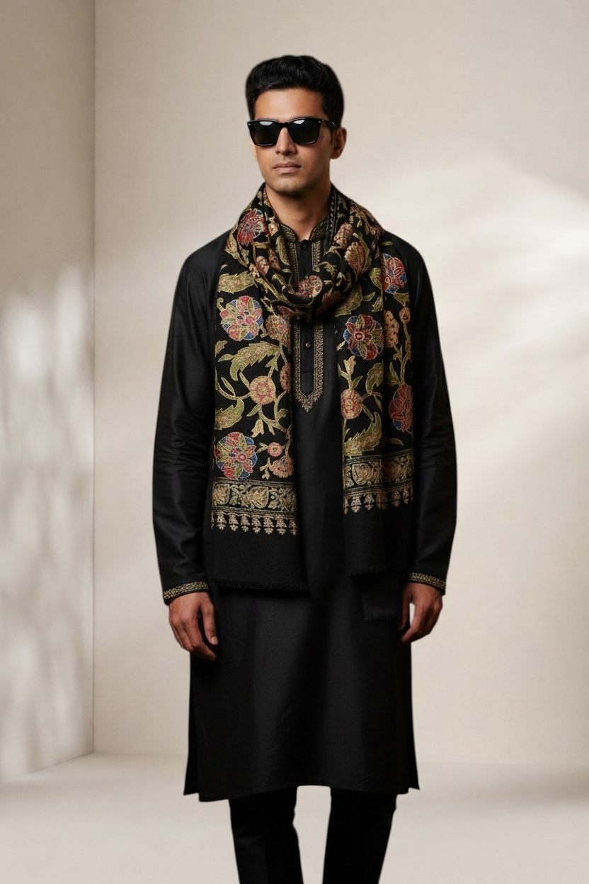 Soun Exquisite Embroidered Stole - Black Raven