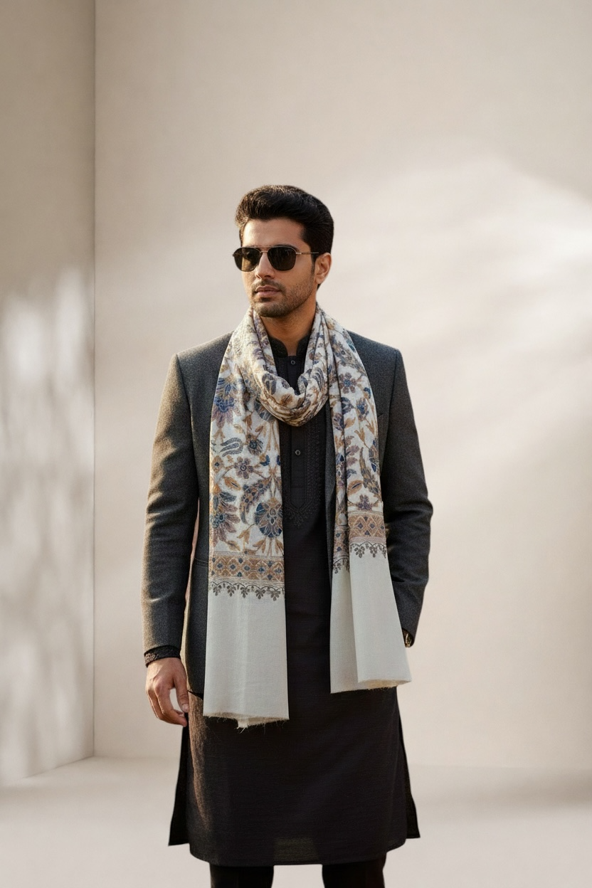 Sheen Exquisite Embroidered Stole - Pearl White