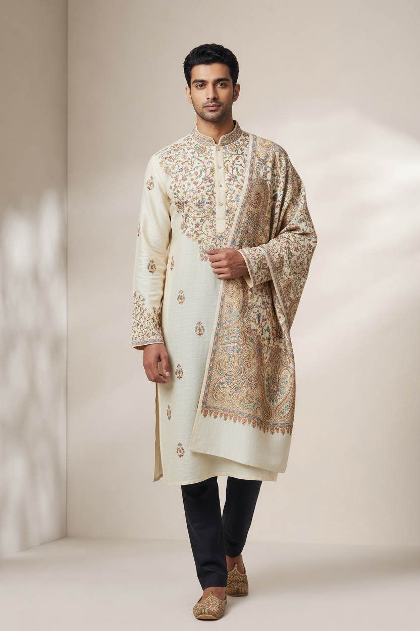 Khwaab Exquisite Embroidered Stole - Ivory White