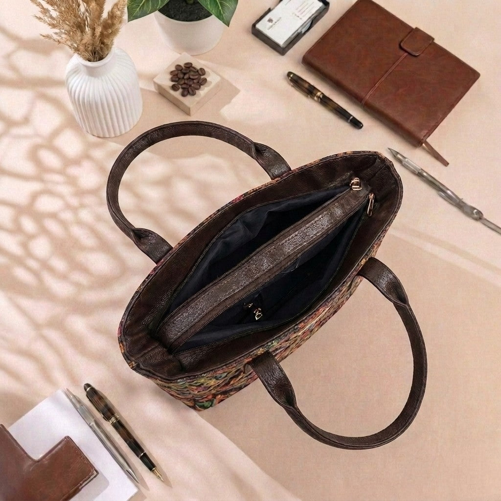 A top-down view of a brown floral tote bag with dark brown handles, shown open on a beige surface surrounded by styled desk accessories like a notebook, pen, and small vase.
