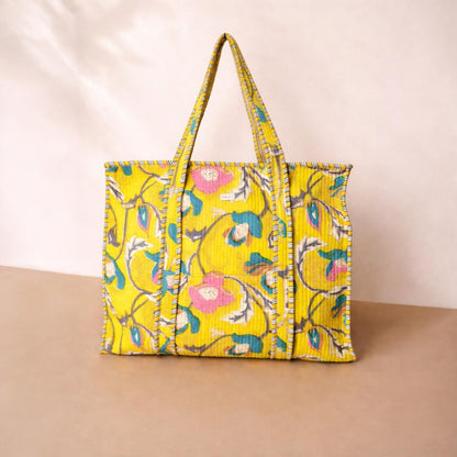 Sunshine Floral Quilted Cotton Tote Bag Set (4-Pieces) | Handcrafted & Light-Weight