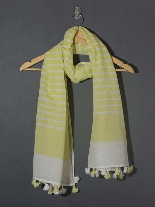 OMVAI Handcrafted Striped Linen Stole with Tassels - Lemon Green
