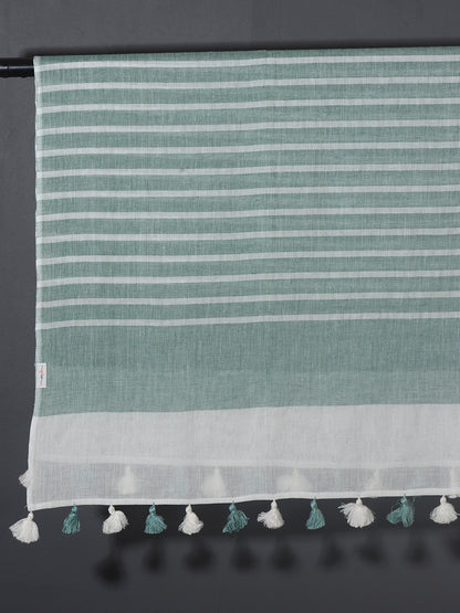 OMVAI Handcrafted Striped Linen Stole with Tassels - Meadow Green