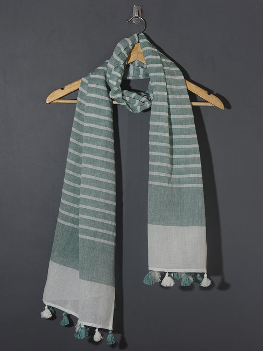 OMVAI Handcrafted Striped Linen Stole with Tassels - Meadow Green