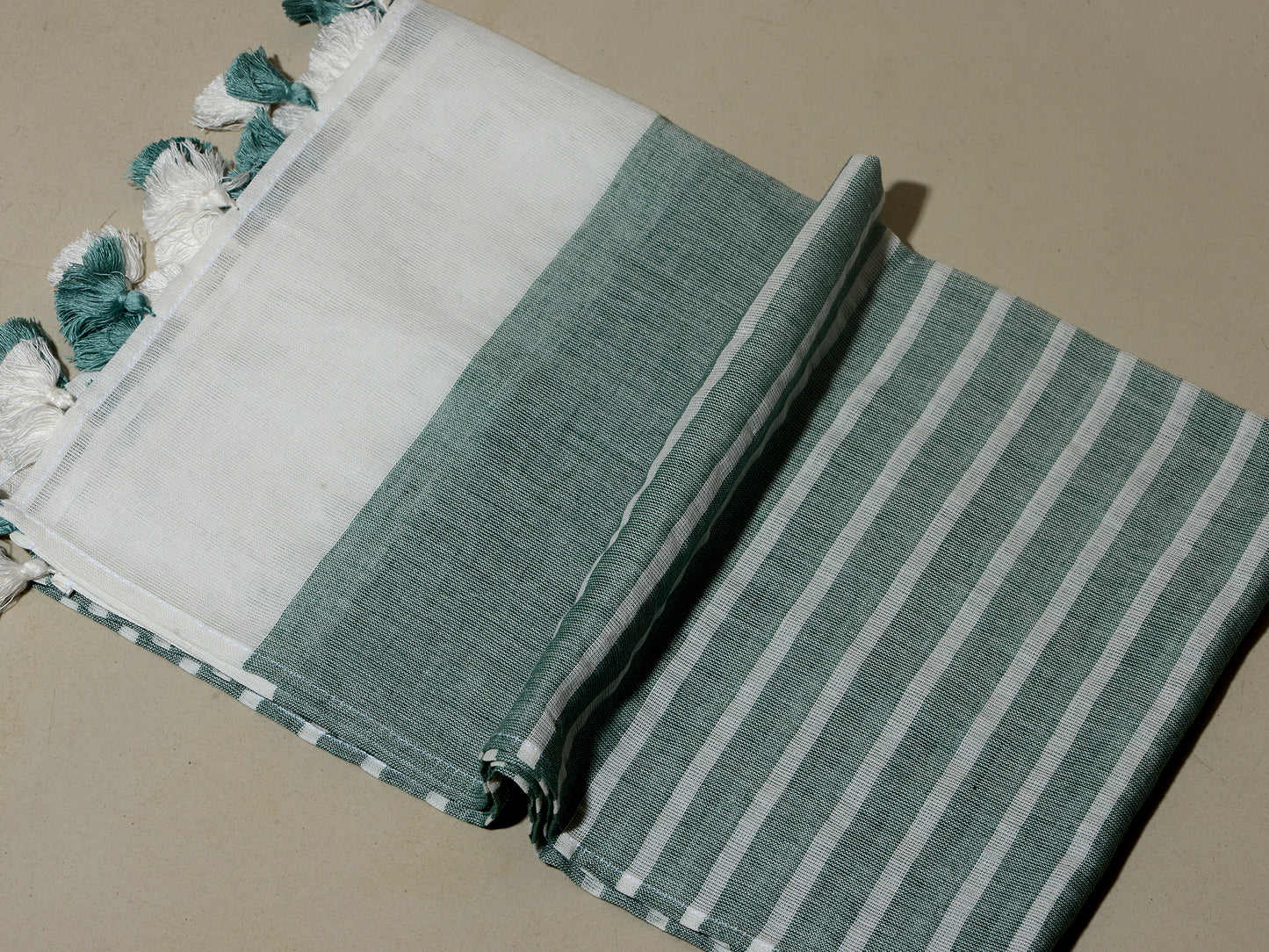 OMVAI Handcrafted Striped Linen Stole with Tassels - Meadow Green