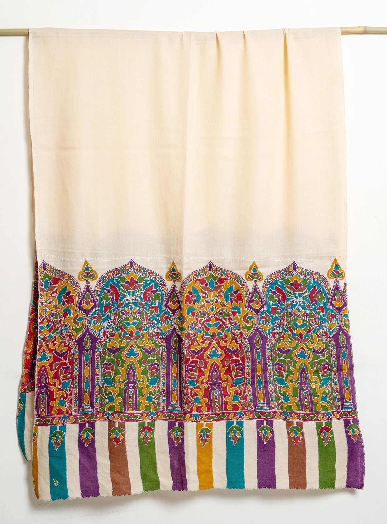 Mughal Darbaar Kalamkari Kani Stole with Hand embroidery - Beige
