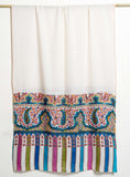 Mughal Darbaar Kalamkari Kani Stole with Hand embroidery - Pure White
