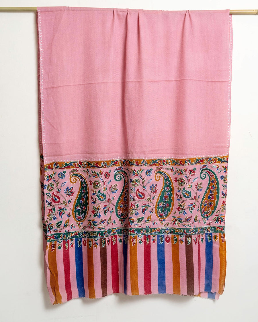 Mughal Darbaar Kalamkari Kani Stole with Hand embroidery - Pretty Pink