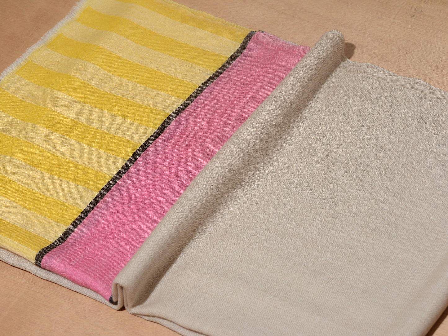 Striped Border Pashmina  - Natural with pink and sunshine yellow stripes