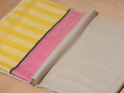 Striped Border Pashmina  - Natural with pink and sunshine yellow stripes