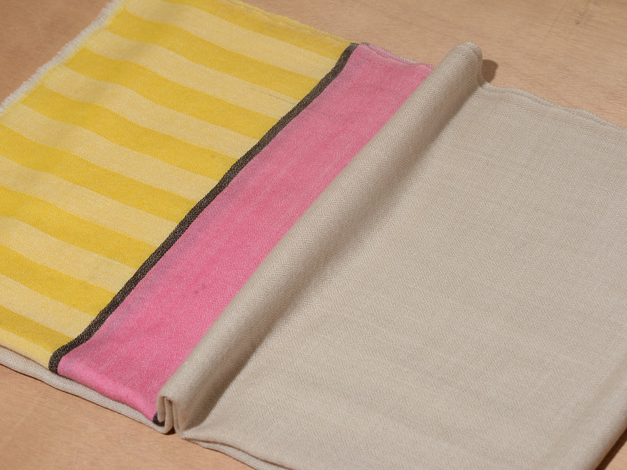 Striped Border Pashmina  - Natural with pink and sunshine yellow stripes