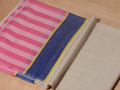 Striped Border Pashmina  - Natural with Royal Blue and Pink Stripes