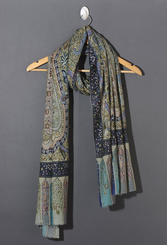 OMVAI Kalamkari Kani with Embroidery - Light Teal