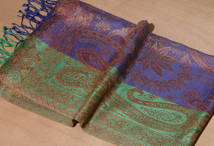 OMVAI Ornamental Paisley Premium Woven Silk Stole - Blue and Fern Green