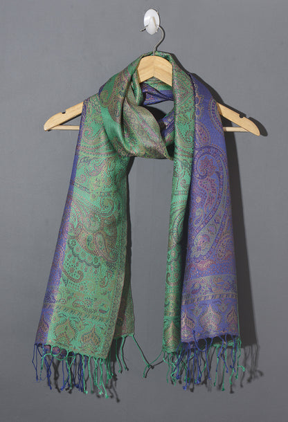 OMVAI Ornamental Paisley Premium Woven Silk Stole - Royal Blue and Green